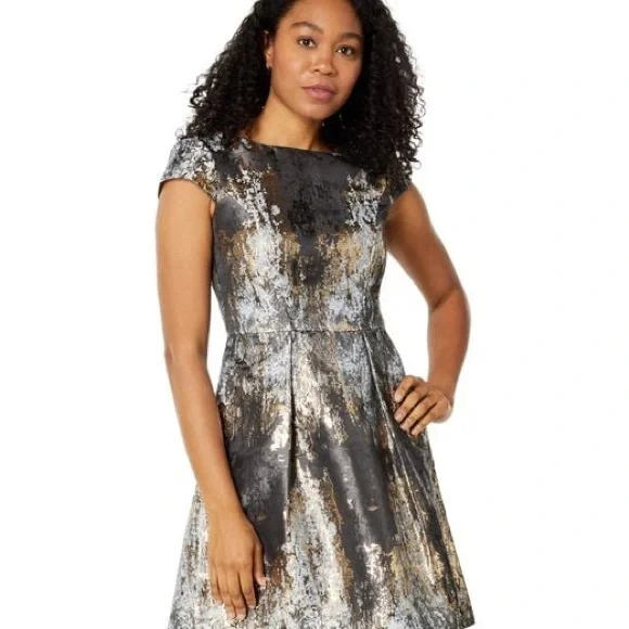 knee length dresses for ladies Goldie Dress in Metallic Jacquard – MILLE main image 0